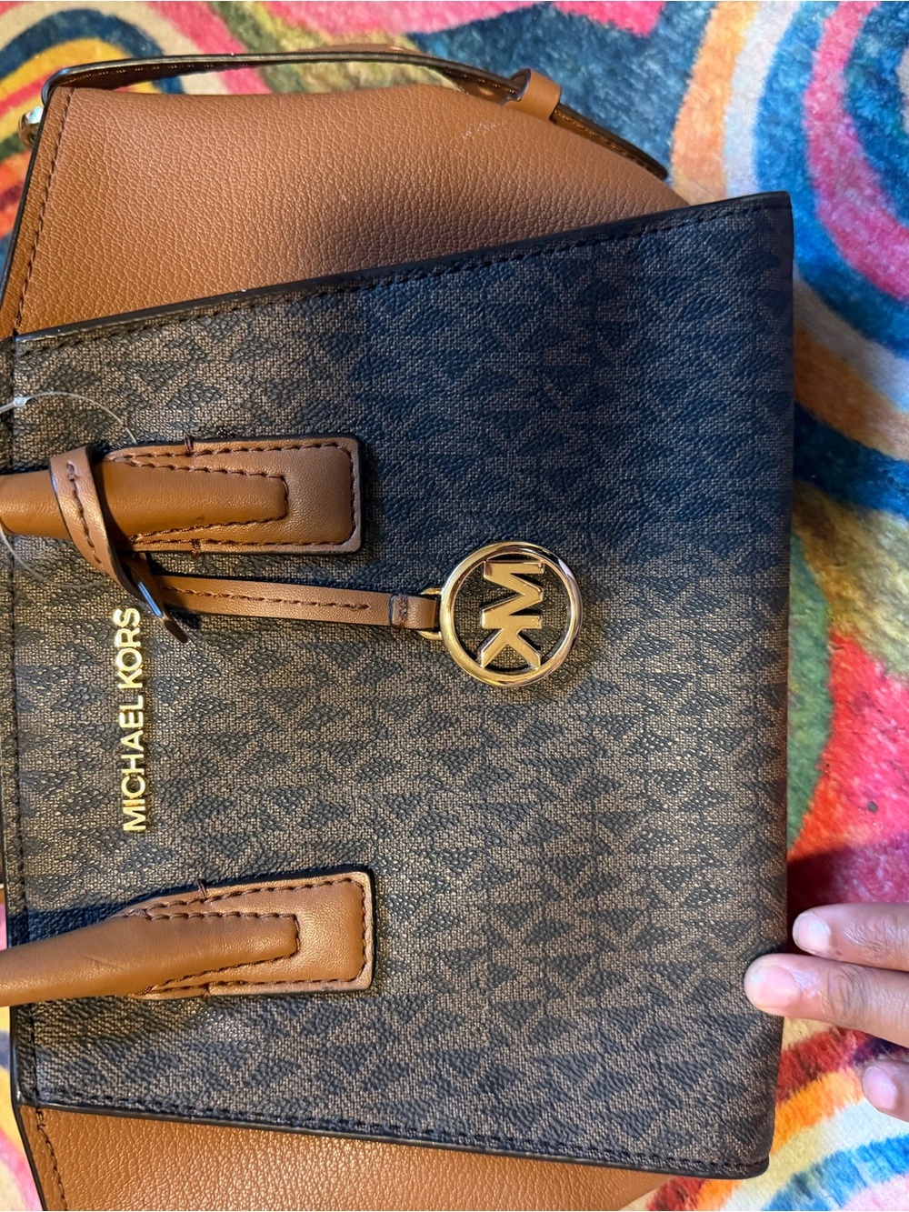 Michael Kors Brown and Dark Brown Logo Satchel with Gold Accent used